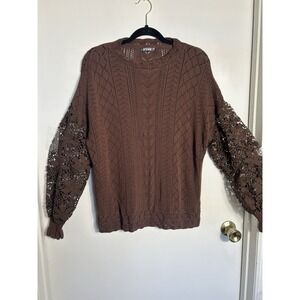 BTFBM Brown Crochet Sweater Large Floral Lace Long Sleeve Boho Cottagecore Knit